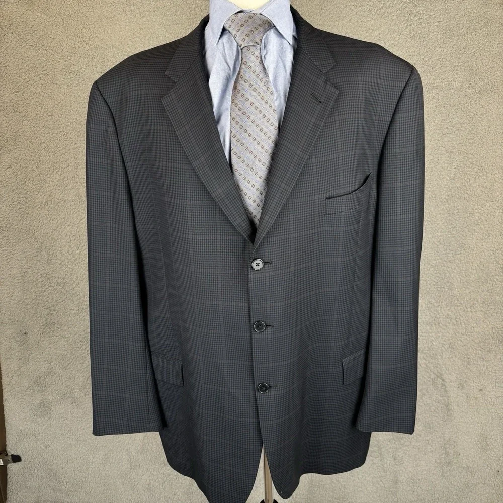 Joseph Abboud 48L Windowpane Check Blazer Men Navy Wool 3 Button Jacket